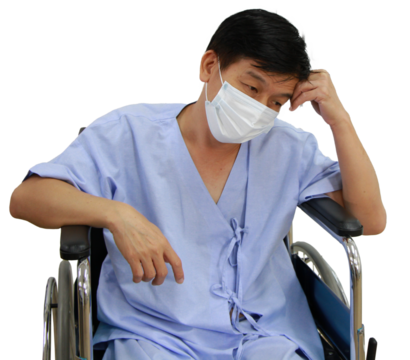 Asian Old man Wearing a mask to prevent disease and Covid 19 is sitting on wheelchair Sick and seriously ill on transparent - Powered by Adobe
