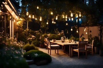 Fenced backyard with patio deck and outdoor furniture illuminated in evening. - obrazy, fototapety, plakaty