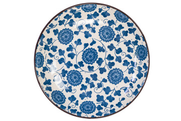 Top view of blue flowers pattern ceramic plate with black edge isolated on white background with clipping path.