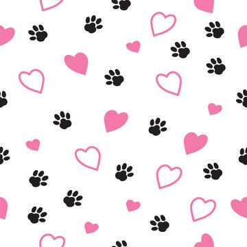 Funny cute laconic vector seamless pattern with cat paw prints and hearts in contrast black and pink colors on transparent background