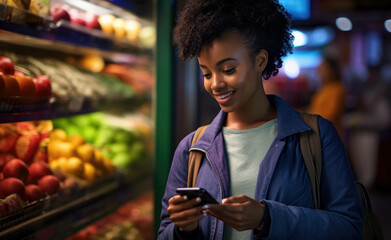 African American grocery shopping and using smartphone