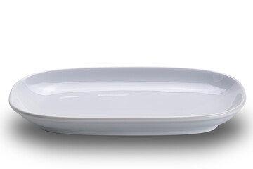 High angle view of single empty white ceramic tray isolated on white background with cliping path.