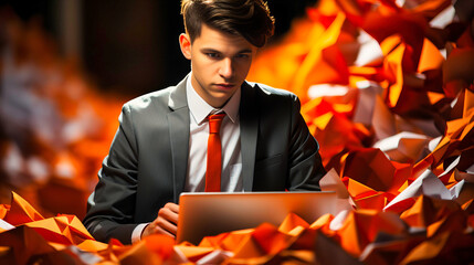 Determined Young Businessman Concentrating on Laptop Amidst a Chaotic Storm of Paperwork
