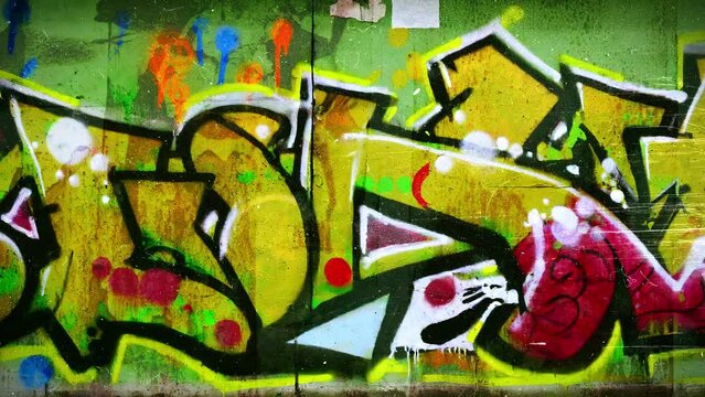 Graffiti with grunge texture, background loop. Graffiti images are fictitious non-infringing AI-generated.