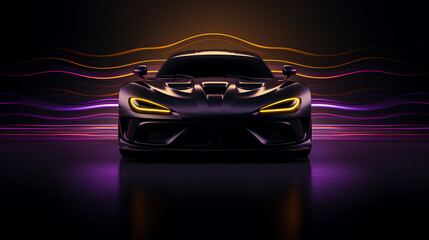 a black sports car with lights in the background - obrazy, fototapety, plakaty