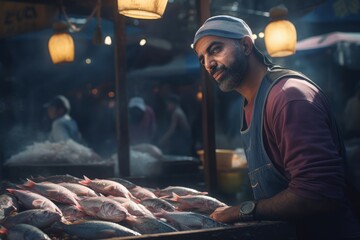 Arabian fish seller market. Eastern fisherman trading seafood on bazaar. Generate ai - obrazy, fototapety, plakaty