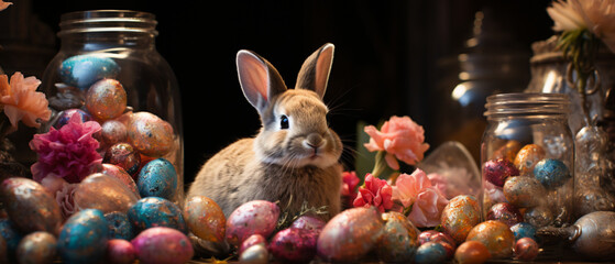 Fototapeta na wymiar Frohes Osterfest: Magischer Hase und bunte Eiersammlung
