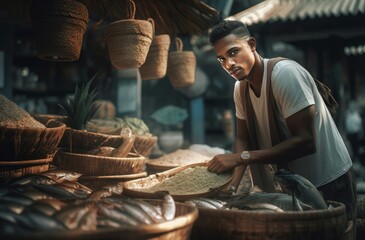 Arabian fish trader market. Fishmonger stall on commercial traditional marketplace. Generate ai - obrazy, fototapety, plakaty