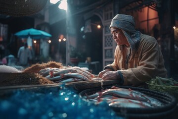 Arabian fish seller bazaar stall. Eastern merchant fishmonger on traditional marketplace. Generate ai - obrazy, fototapety, plakaty