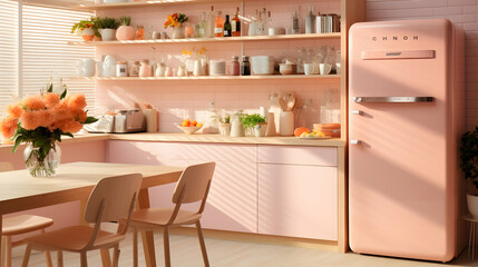Sunny pastel peach color kitchen interior, retro fridge, cozy and stylish