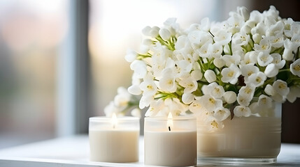 Candles and white flowers, serene Imbolc, Wiccan spring festivity