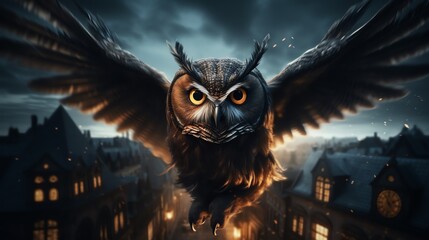 an owl flying in the air - obrazy, fototapety, plakaty