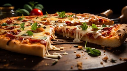 a pizza with cheese and basil on a wooden surface