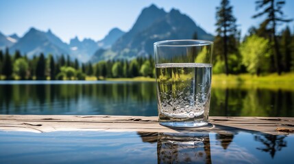 a glass of water on a wood surface with a lake in the background - obrazy, fototapety, plakaty