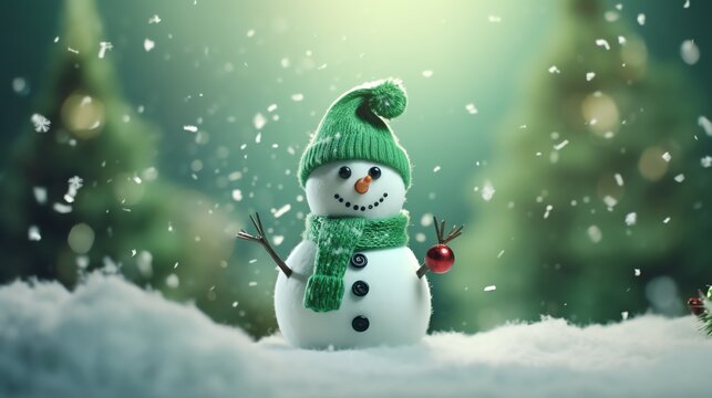 a snowman wearing a green hat and scarf