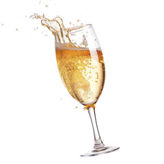 Champagne glass with water splashing out To celebrate the good day of good friendship., Isolated white background, for use as an illustration in a drink bar menu.