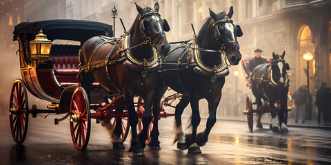 Whisper of Adventure Horsedrawn Carriages Exploring New Paths Horses in Motion Graceful Carriage Rides in Full Swing Horse And Carriage Sits Down On The City Street Background Ai Generative