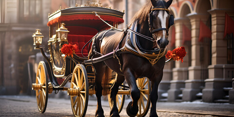 Naklejka premium Immaculate horse and carriage brugge Castle Horse With Riding Gear Image Romantic Horse Drawn Carriage Rides on Valentines with city background Ai Generative