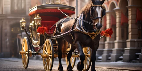Zelfklevend Fotobehang Immaculate horse and carriage brugge Castle Horse With Riding Gear Image Romantic Horse Drawn Carriage Rides on Valentines with city background Ai Generative © Hafiz