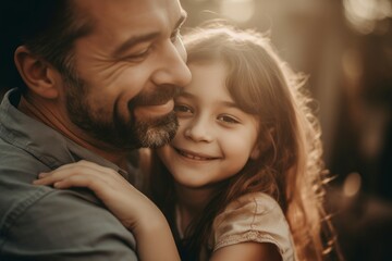 Smiling daughter hugging her happy dad. Bonding lovely child with joyful father moment. Generate ai - obrazy, fototapety, plakaty