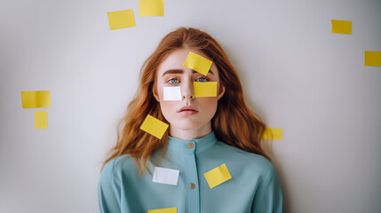 A young woman with paper stickers on her face. Concept of labels imposed by society. - obrazy, fototapety, plakaty