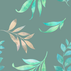 Fototapeta na wymiar Abstract green seamless pattern with leaves. Raster illustration. branches with leaves on a green background. seamless background