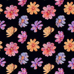 colorful flowers on a dark background, drawn in watercolor, seamless pattern
