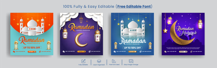 set of Ramadan and eid festival sale offer editable social media post banners, traditional islamic religious Instagram post ads pack, website banner and islamic background design bundle
