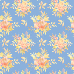 Seamless floral pattern with flowers and leaves, watercolor illustration. Template design for wrapping paper, textiles, wallpaper, interior, clothes, postcards.