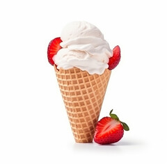 Ice cream strawberry scoop on waffle cone on white background. generative ai