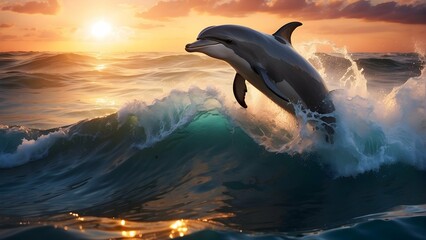 Fototapeta premium Playful Dolphin Leaping out of the water Through Ocean Wave while sunset Mesmerizing Close-Up View 