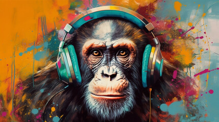 Funny gorilla in studio headphones. selective focus. Generative AI,