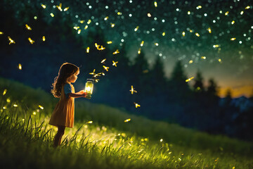 An endearing small girl stands in a meadow at night, holding an lantern as moths and fireflies swarm the light. Her sweet face glows she gazes  at the dancing bugs attracted to the lamp's flame.