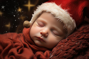 a beautiful sleeping baby with santa hat