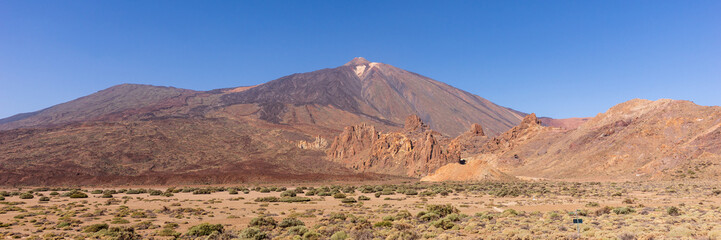 Panoramic view of the famous Pico del Teide mountain volcano summit. Teide National Park Tenerife. Canary Islands. Spain