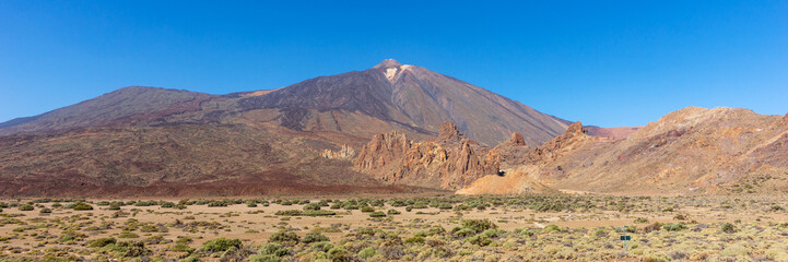 Panoramic view of the famous Pico del Teide mountain volcano summit. Teide National Park Tenerife. Canary Islands. Spain