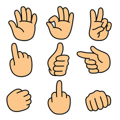 A hand-drawn doodle hands set different gestures on a white background.