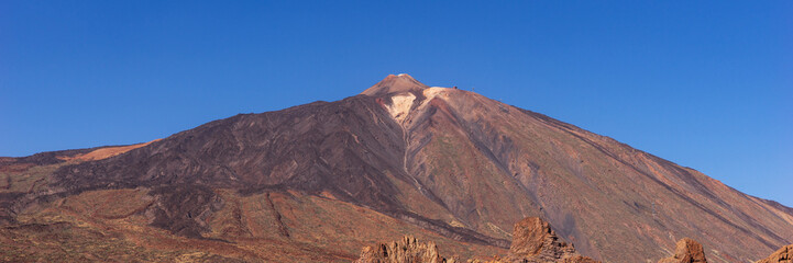 Panoramic view of the famous Pico del Teide mountain volcano summit. Teide National Park Tenerife....