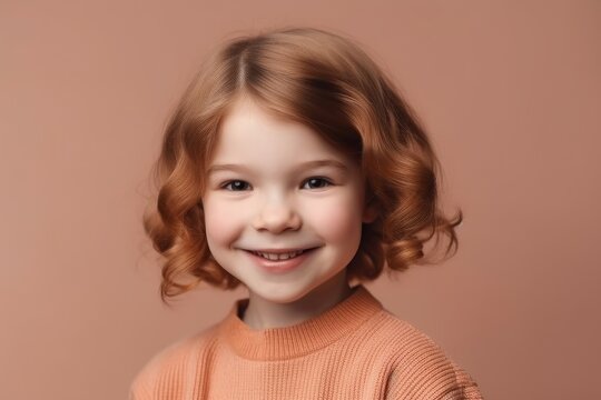 Smiling girl child with short curly hairstyle. Delighted kid portrait with short hairdo. Generate ai
