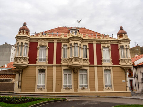 View of the facade of the modernist-style Mori House (1902) in the fishing village of Luanco. Asturias, Spain.