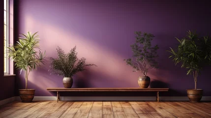 Foto op Canvas Mur vide violet et sol en bois avec un reflet intéressant provenant de la fenêtre. Intérieur chaleureux, ia générative © jp