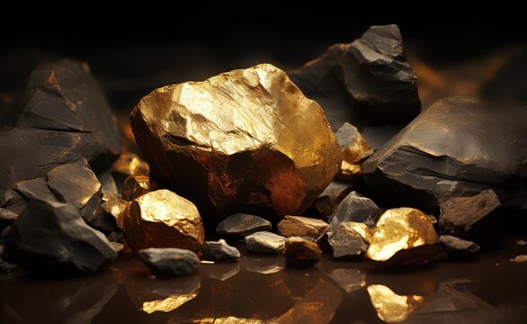 rocher en or sur fond sombre en studio