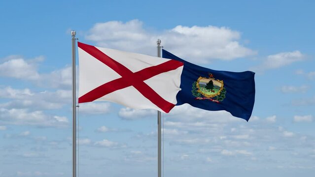 Vermont and Alabama US state flags waving together on cloudy sky, endless seamless loop