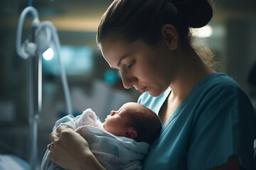 nurse caring for and protecting a newborn baby - obrazy, fototapety, plakaty