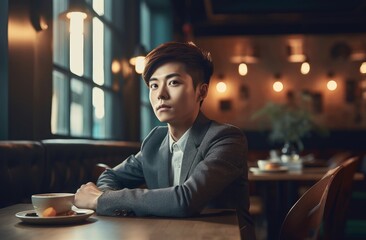 Korean male suited jacket drinking coffee in cafe. Businessman manager guy sitting in restaurant. Generate ai