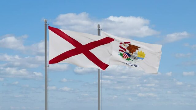 Illinois and Alabama US state flags waving together on cloudy sky, endless seamless loop