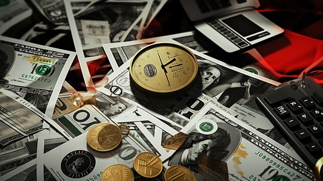 Business concept collage with icons of money, charts, documents, clocks, and more - Powered by Adobe