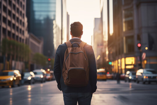 	
Businessman In A City. Back Side Of Young Man Student Standing On City Street At Sunrise