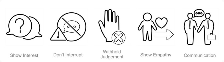 Obraz premium A set of 5 Active Listening icons as show interest, don�t inturrupt, with hold judgement