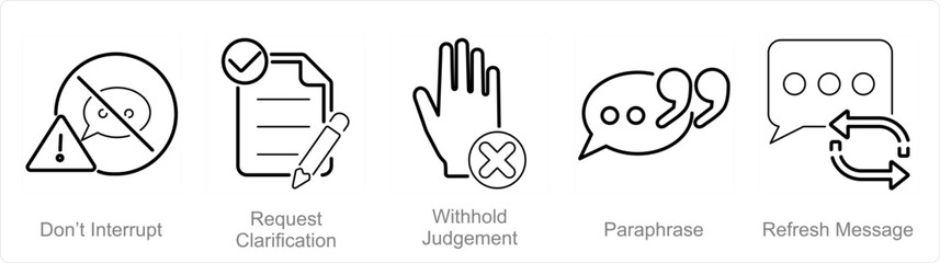 A set of 5 Active Listening icons as don�t inturrupt, request clarification, with hold judgement